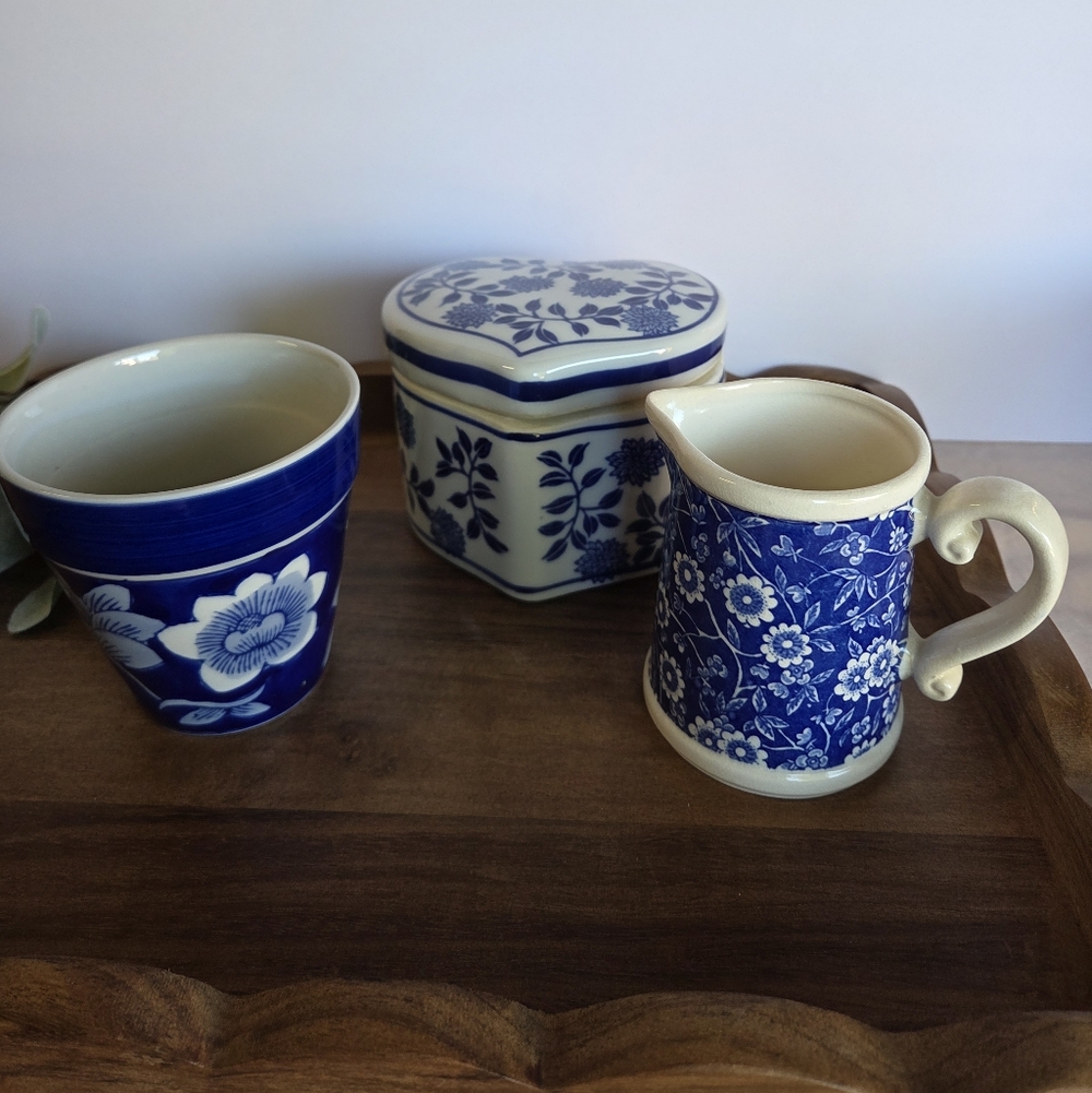 Set of 3 Vintage Blue & White Ceramics- Heart Box, Creamer Jug & Plant Pot